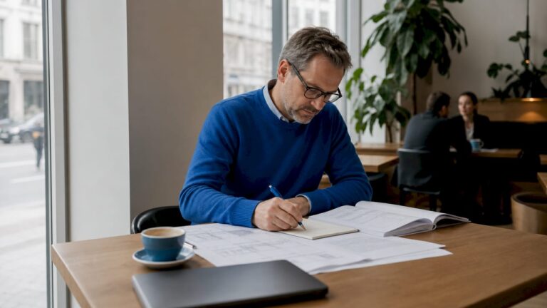 Ein Ingenieur erstellt im Büro technische Zeichnungen für die Gebäudeausrüstung.