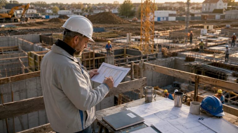 Der Bauleiter wirft vor Ort einen prüfenden Blick auf den aktuellen Bauzeitenplan.