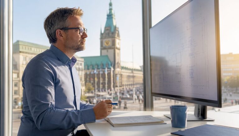 Ein Elektroingenieur prüft und bewertet digitale Schaltpläne.