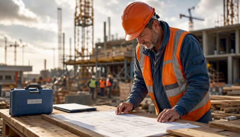 Ein Elektrotechniker kontrolliert vor Ort auf der Baustelle die technischen Pläne.