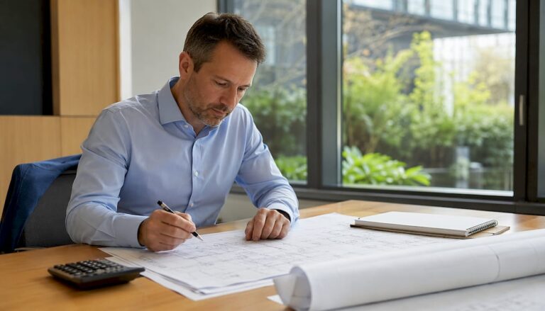Ein Ingenieur begutachtet am Zeichentisch ein Schaltplan und nutzt dabei verschiedene Werkzeuge.