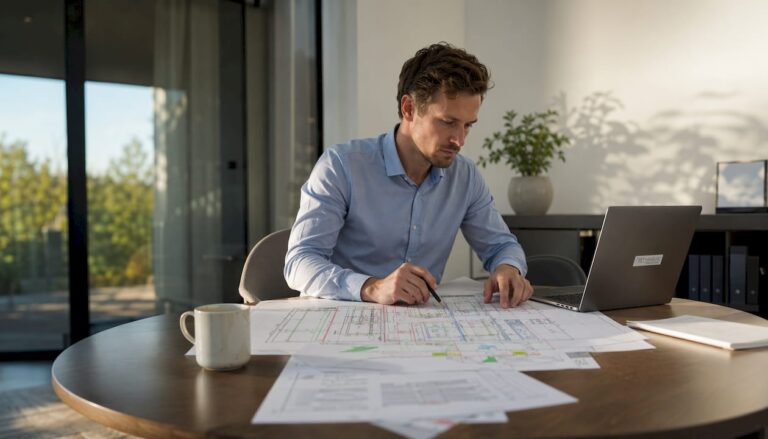 Der Architekt begutachtet den Elektroplan für die Photovoltaikanlage am Schreibtisch.