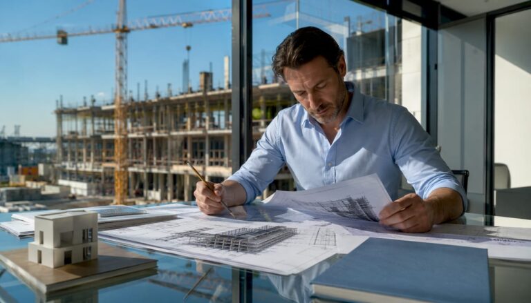 Ein Ingenieur prüft am Schreibtisch digitale Baupläne im BIM-System.