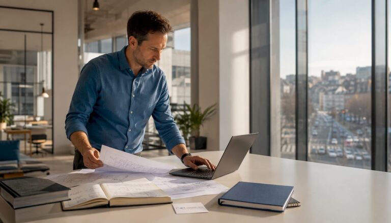 Ein Elektroingenieur erstellt am Laptop Fachpläne mit spezieller Software.