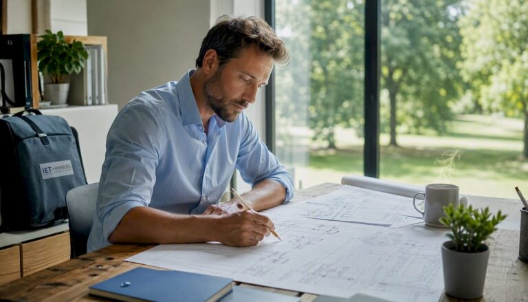 Ein Architekt prüft am Schreibtisch die Pläne für den Blitzschutz.