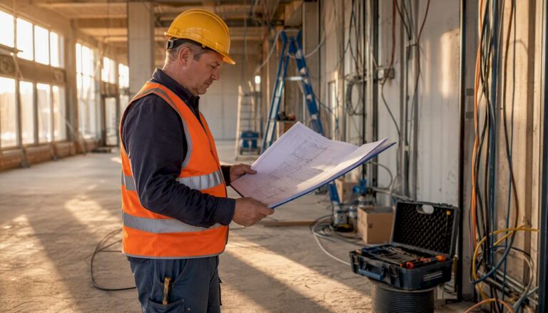 Eine Elektrofachkraft überprüft auf der Baustelle die technischen Pläne, um sicherzustellen, dass alle Vorgaben eingehalten werden.