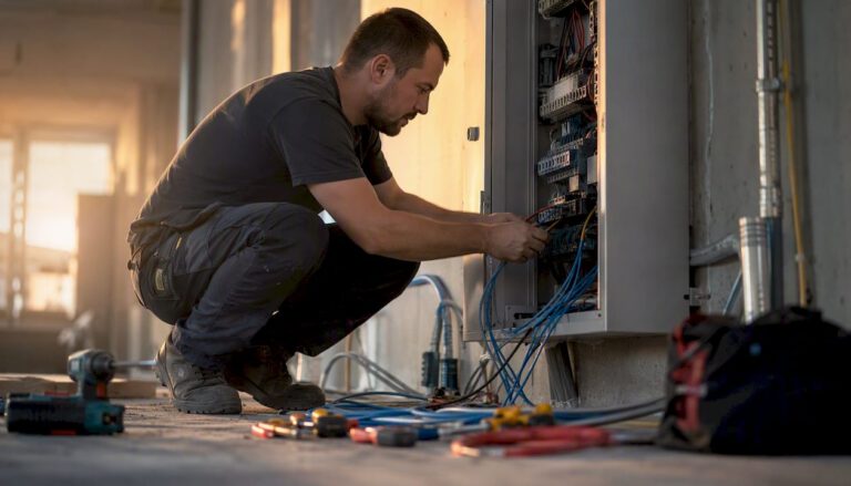 Ein Elektriker installiert die Verkabelung in einem Schaltschrank für industrielle Anlagen.