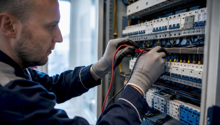 Ein Elektriker prüft die Verdrahtung im Sicherungskasten.