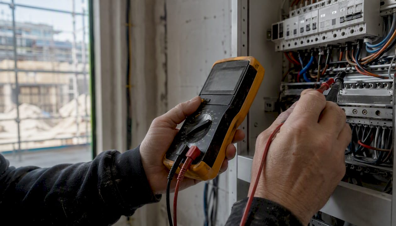 Facharbeiter überprüfen die elektrischen Anschlüsse auf der Baustelle mit Messgeräten.
