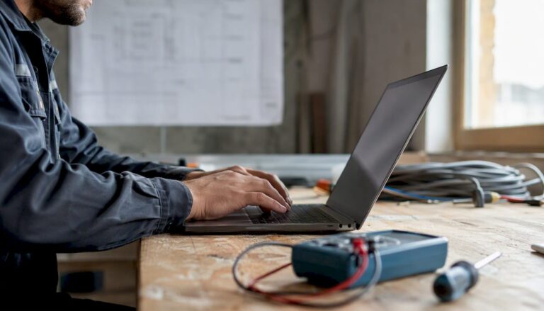 Ein Elektriker überträgt Projektdaten auf seinem Laptop.