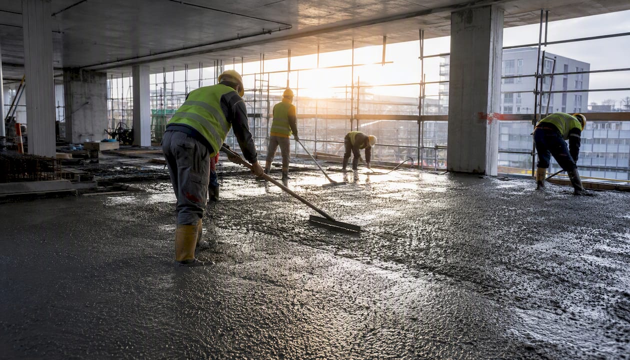 Auf der Baustelle wird gerade frischer Beton gegossen.