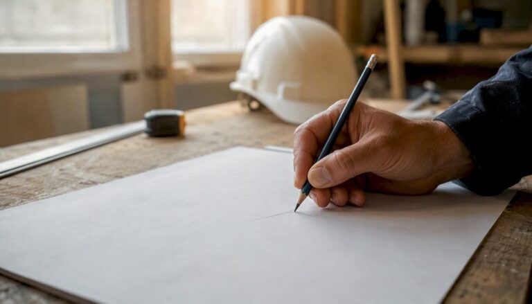 Mit dem Stift trägt der Bauleiter den kritischen Pfad direkt auf den Bauplan ein.