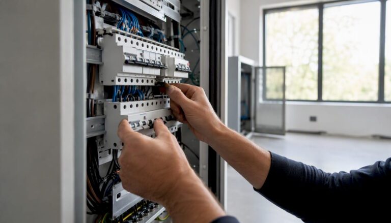 Ein Elektriker stellt im Sicherungskasten die richtigen Einstellungen am Leistungsschutzschalter ein.