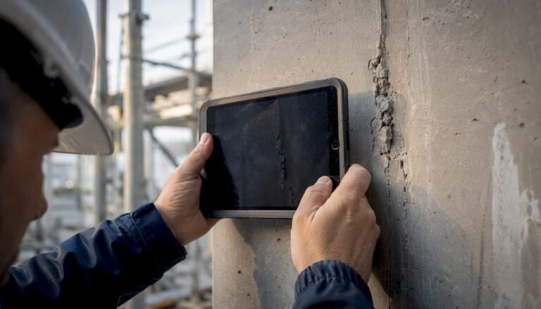 Mit dem Smartphone werden Bauschäden am Beton direkt auf der Baustelle fotografisch dokumentiert.
