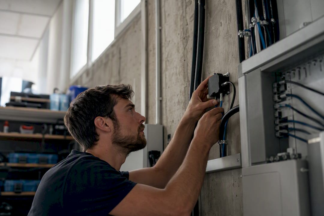 Im Technikraum der Gebäudetechnik installiert der Elektrotechniker einen Sensor.