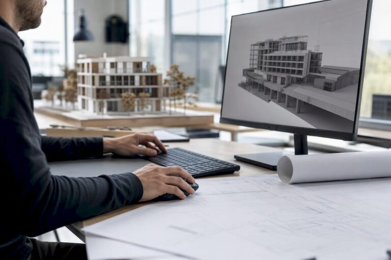 Ein Techniker bearbeitet ein digitales Modell im Rahmen von BIM.