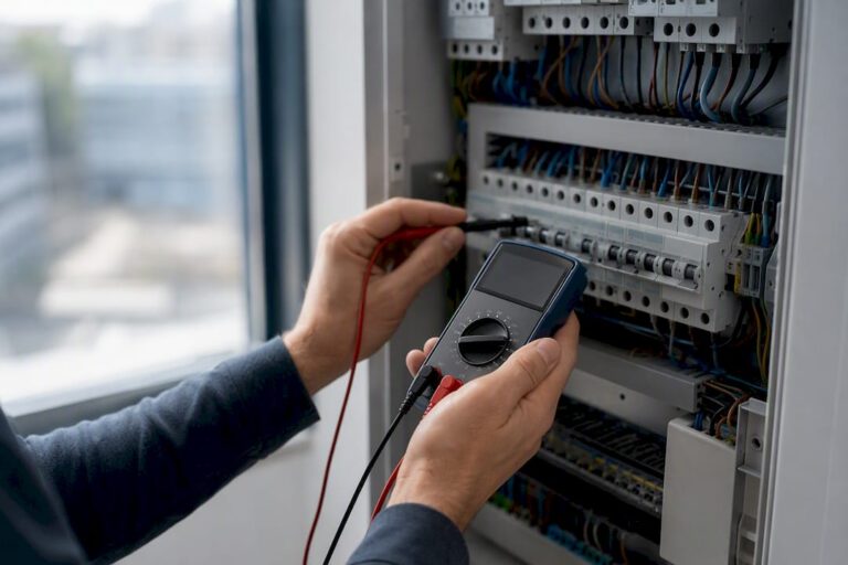 Ein Elektriker misst mit seinen Händen die Spannung in einem Sicherungskasten.