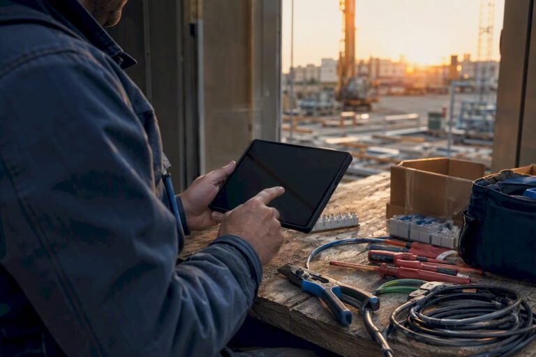 Elektriker passt BIM-Modell auf der Baustelle an