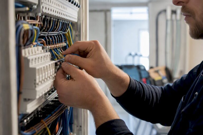 Elektriker verkabelt den Sicherungskasten im Wohnhaus