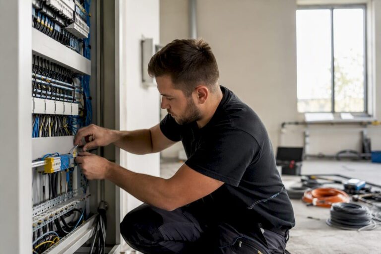 Elektriker verkabelt Schaltschrank im Hauswirtschaftsraum