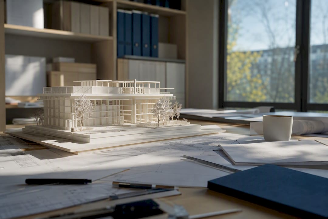 Architekturmodell und Baupläne auf dem Schreibtisch