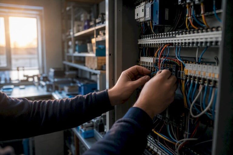 Elektrikerhände beim Verdrahten eines Schaltschrankes, Nahaufnahme