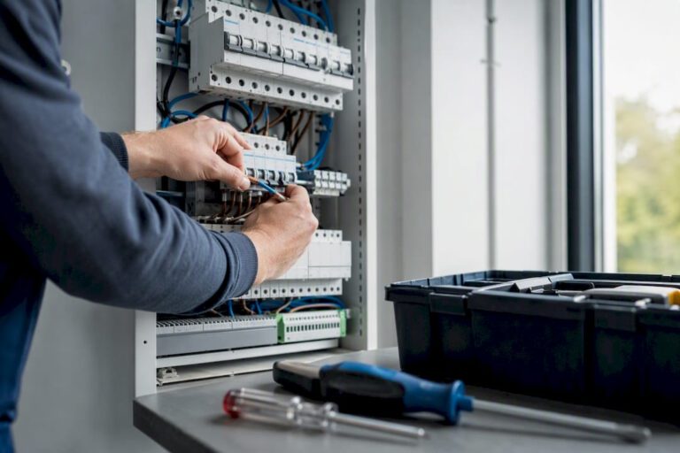 Elektriker beendet die Verdrahtung im Schaltschrank