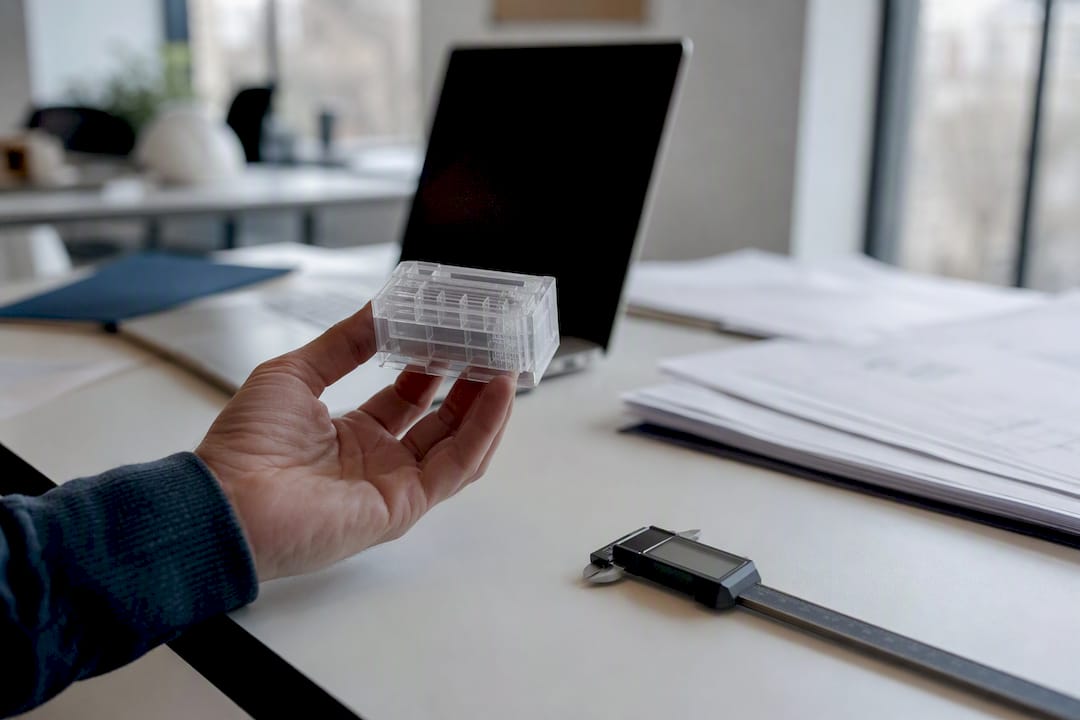Hand, die ein 3D-gedrucktes Gebäudeteil hält