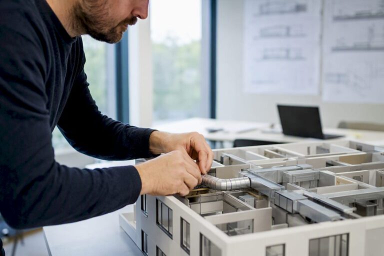 Elektrikerhände, die ein TGA-Gebäudemodell justieren