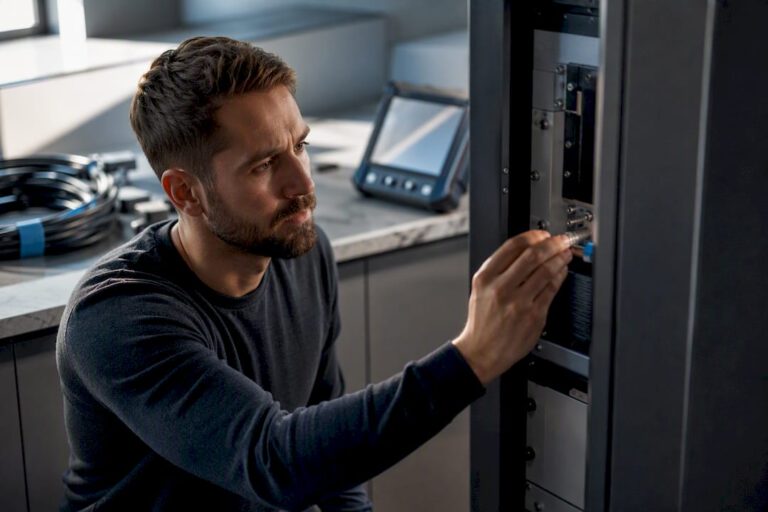 Ein Elektroplaner überprüft eine USV-Anlage
