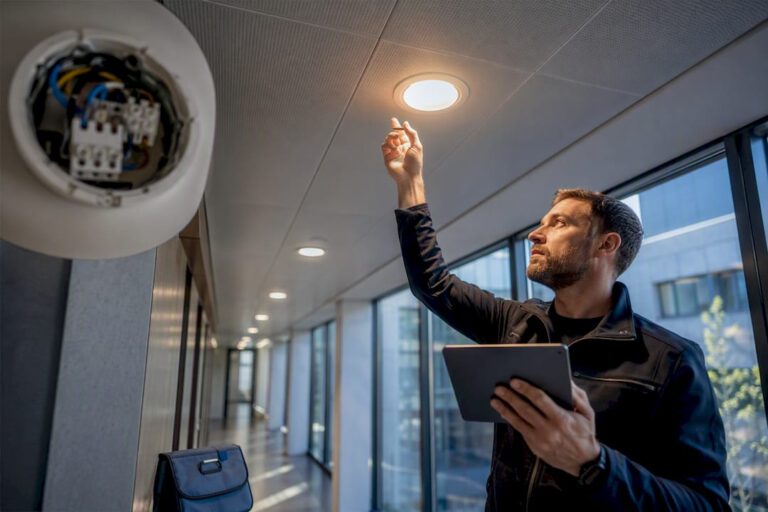 Der Fachplaner überprüft die Beleuchtung im gewerblichen Bauprojekt