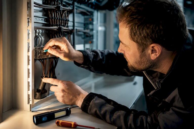 Der Bauleiter kontrolliert die elektrische Anschlussklemme