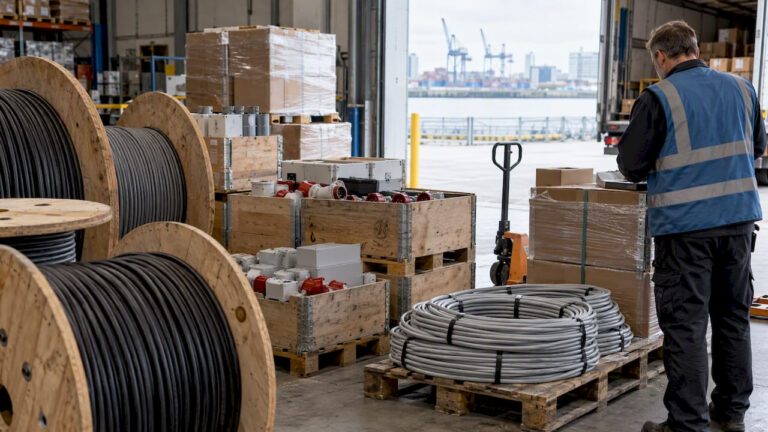 Elektrobauteile und Kabeltrommeln im Lager